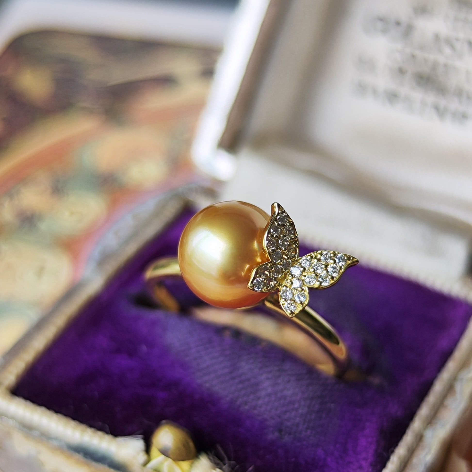 白蝶ゴールデンパール 天然ダイヤモンド 18金リング
