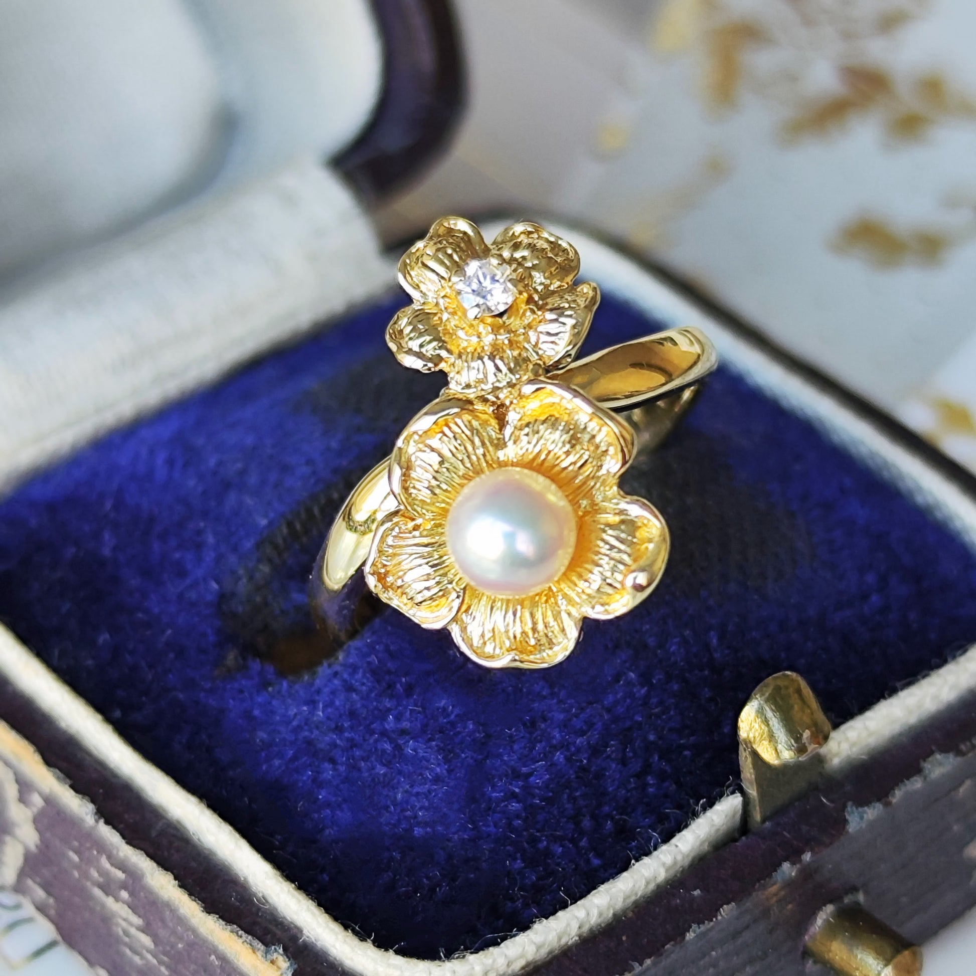 MIKIMOTO ミキモト フラワーリング 天然ダイヤモンド あこや真珠 18金