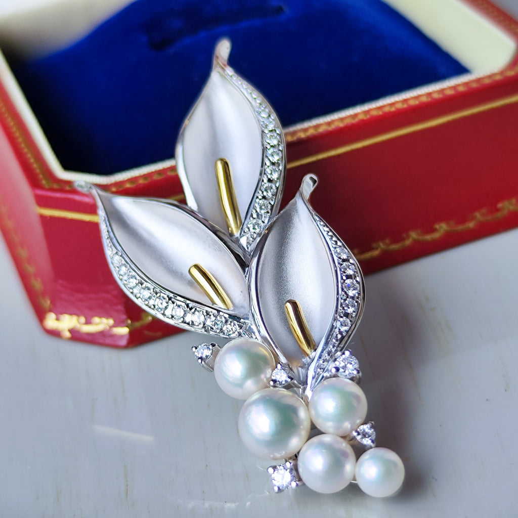 MIKIMOTO ミキモト 水芭蕉 あこや真珠 ダイヤモンド ブローチ