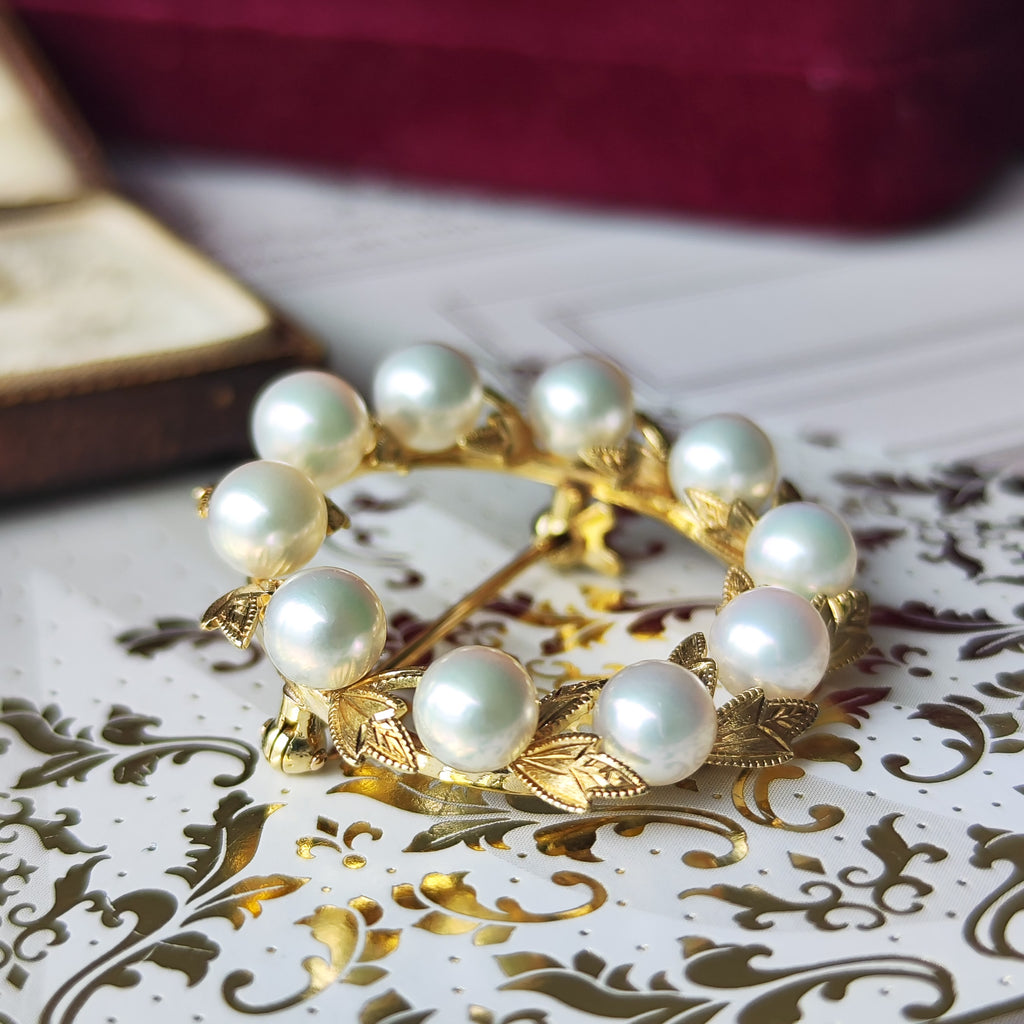 MIKIMOTO ミキモト あこや真珠 リースモチーフ ヴィンテージブローチ