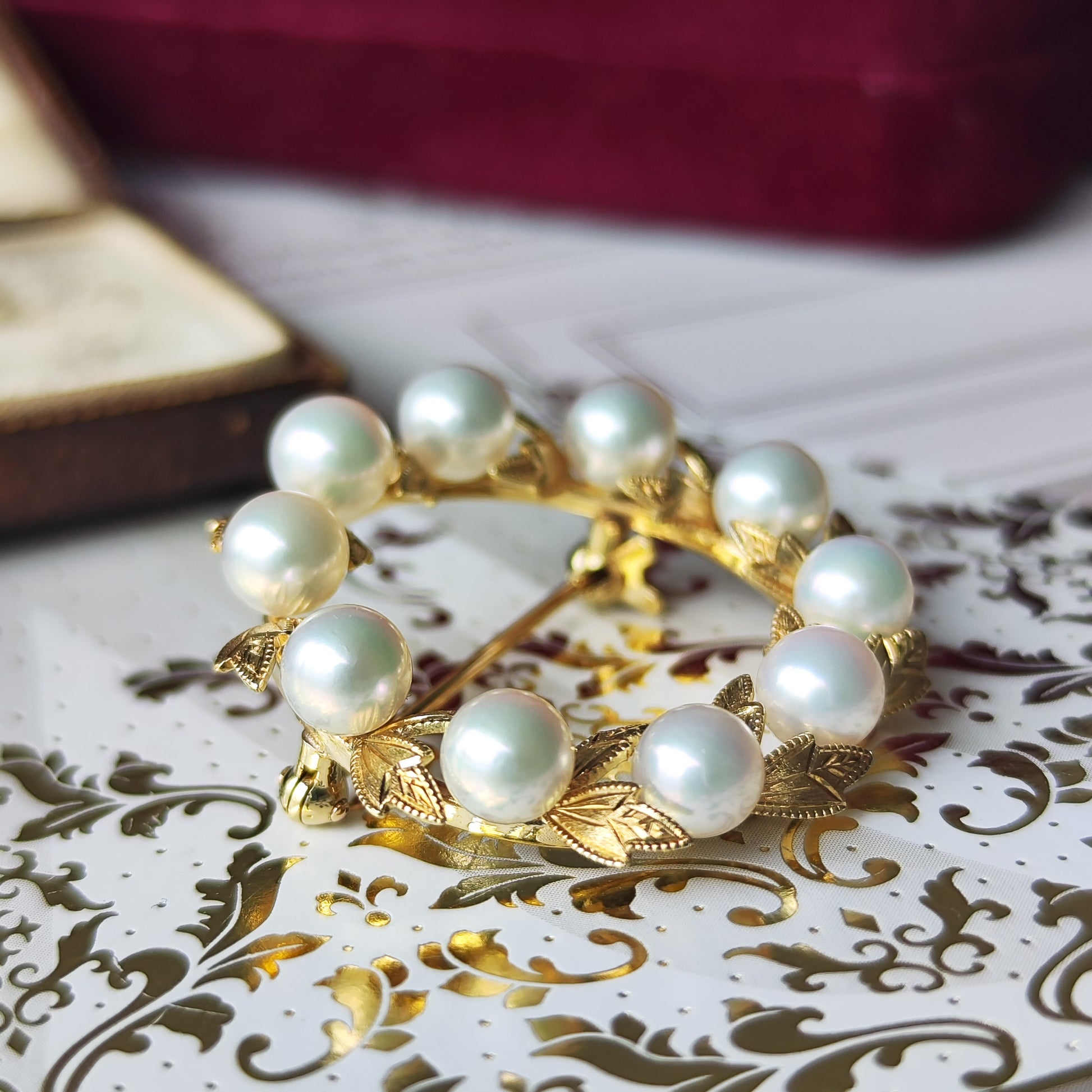 MIKIMOTO ミキモト あこや真珠 リースモチーフ ヴィンテージブローチ