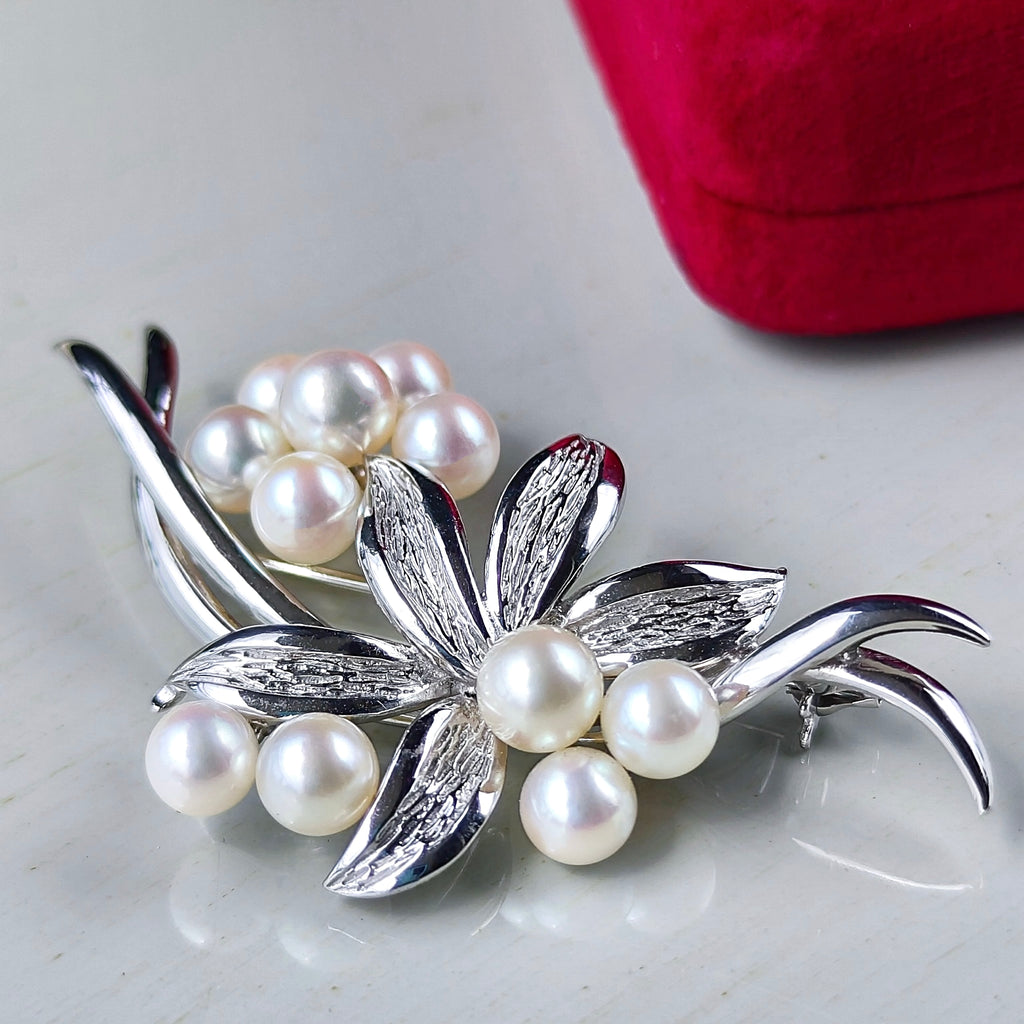 【御木本真珠店 】MIKIMOTO ミキモト あこや真珠 ヴィンテージブローチ 14金WG
