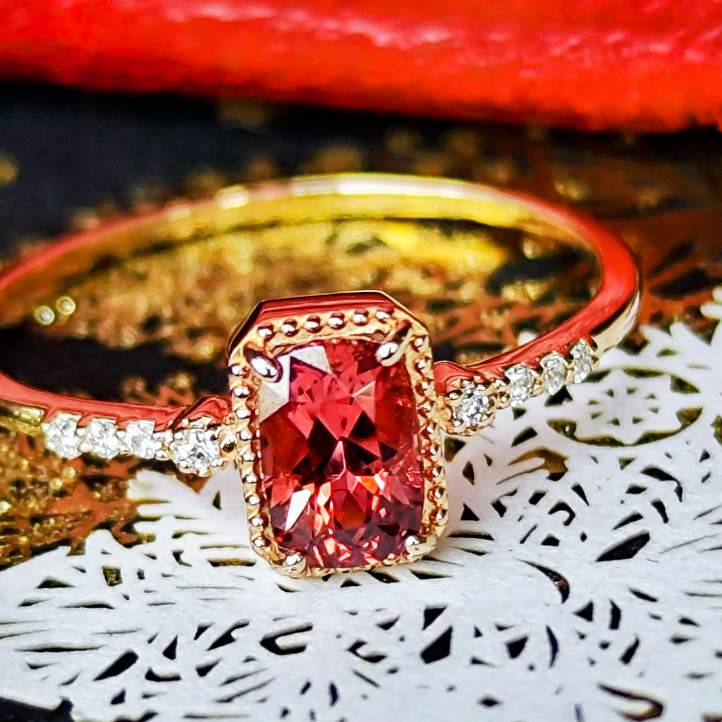 天然マラヤガーネット 0.76ct 天然ダイヤモンド 18金リング