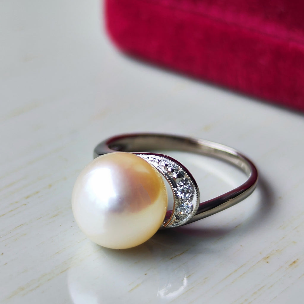 【オールドミキモト 】MIKIMOTO ミキモト あこや真珠 ダイヤモンド 14金リング 手彫り風の刻印