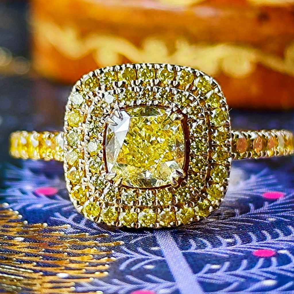 【イエローダイヤ】FANCY INTENSE YELLOW 1.01ct VS2 18金リング カラーダイヤ