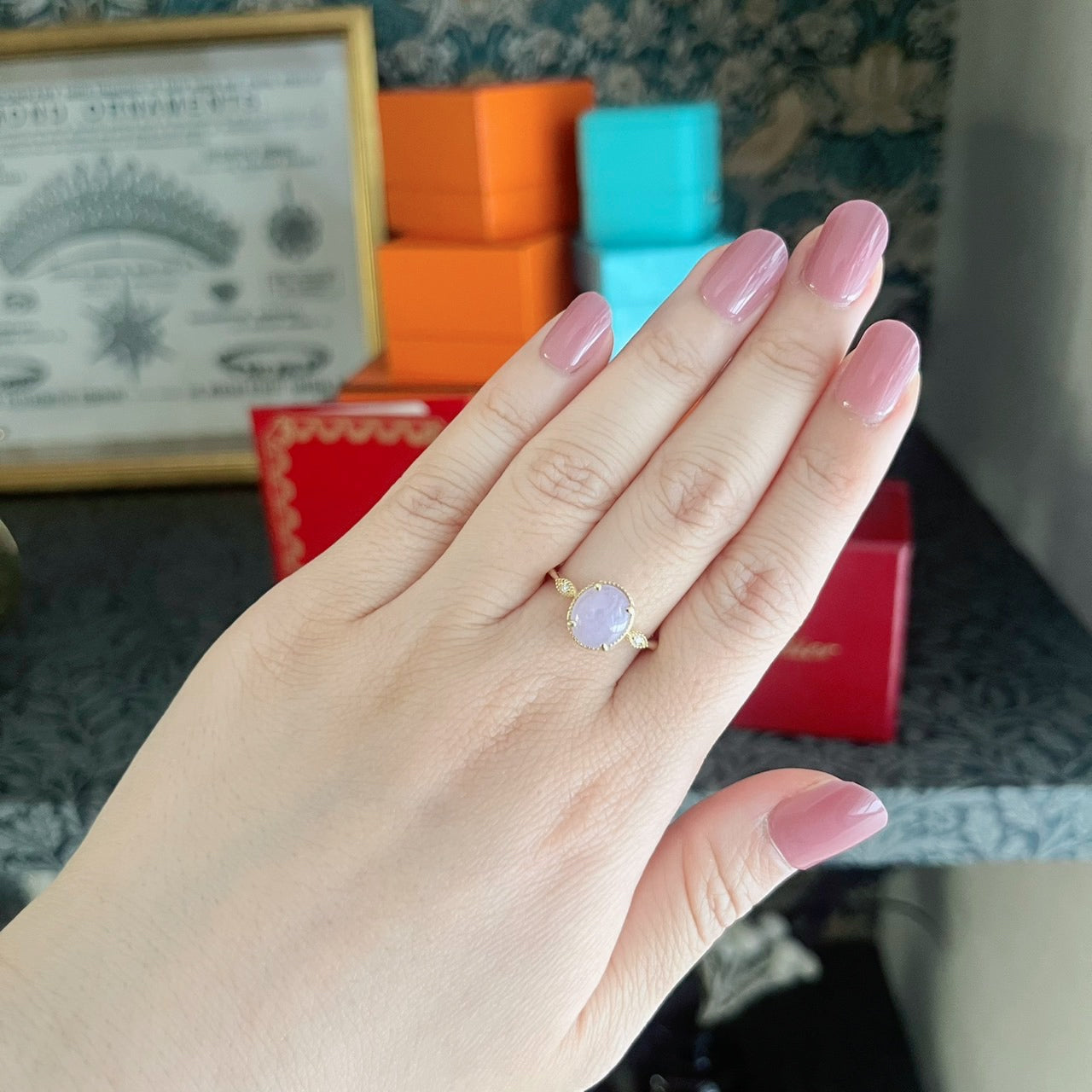 【ラベンダー翡翠】天然ダイヤモンド 18金リング