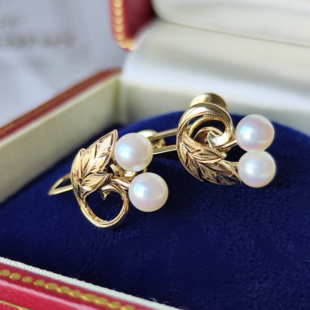 MIKIMOTO ミキモト あこや真珠 和彫り ヴィンテージイヤリング
