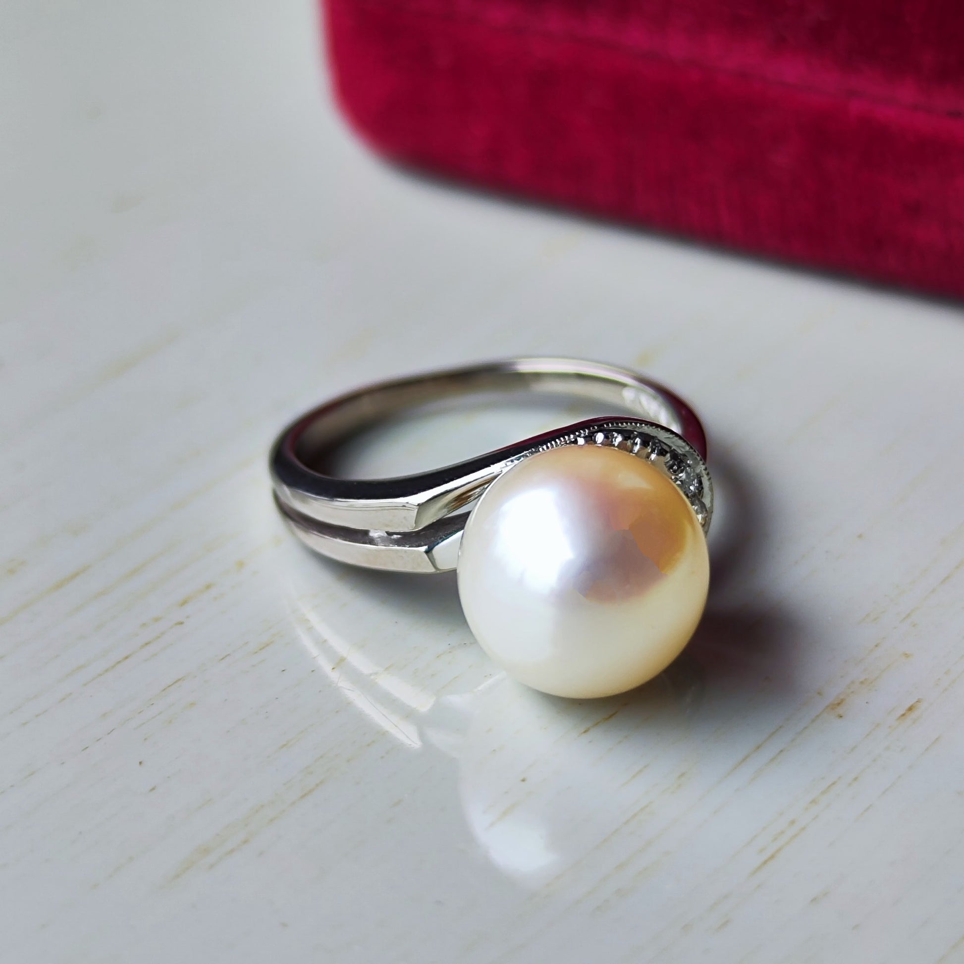 【オールドミキモト 】MIKIMOTO ミキモト あこや真珠 ダイヤモンド 14金リング 手彫り風の刻印