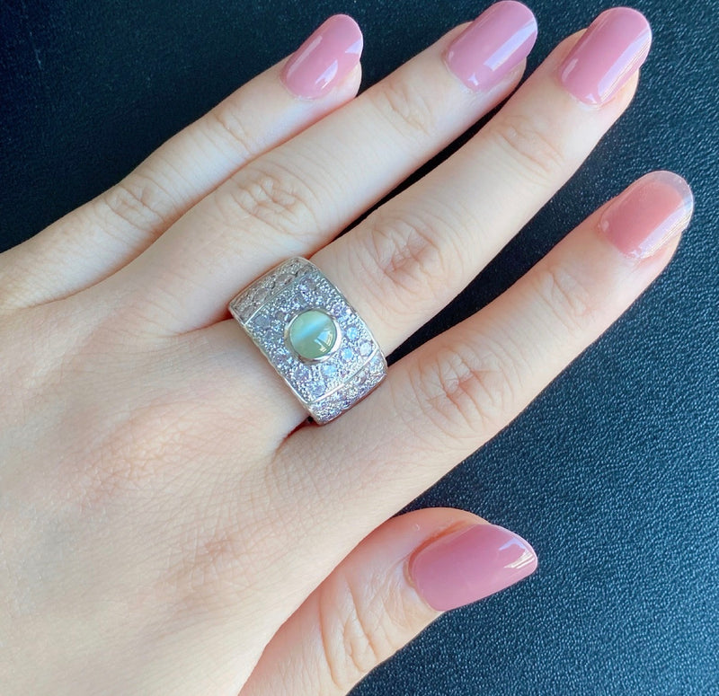 天然クリソベリルキャッツアイ 天然ピンクダイヤモンド プラチナリング