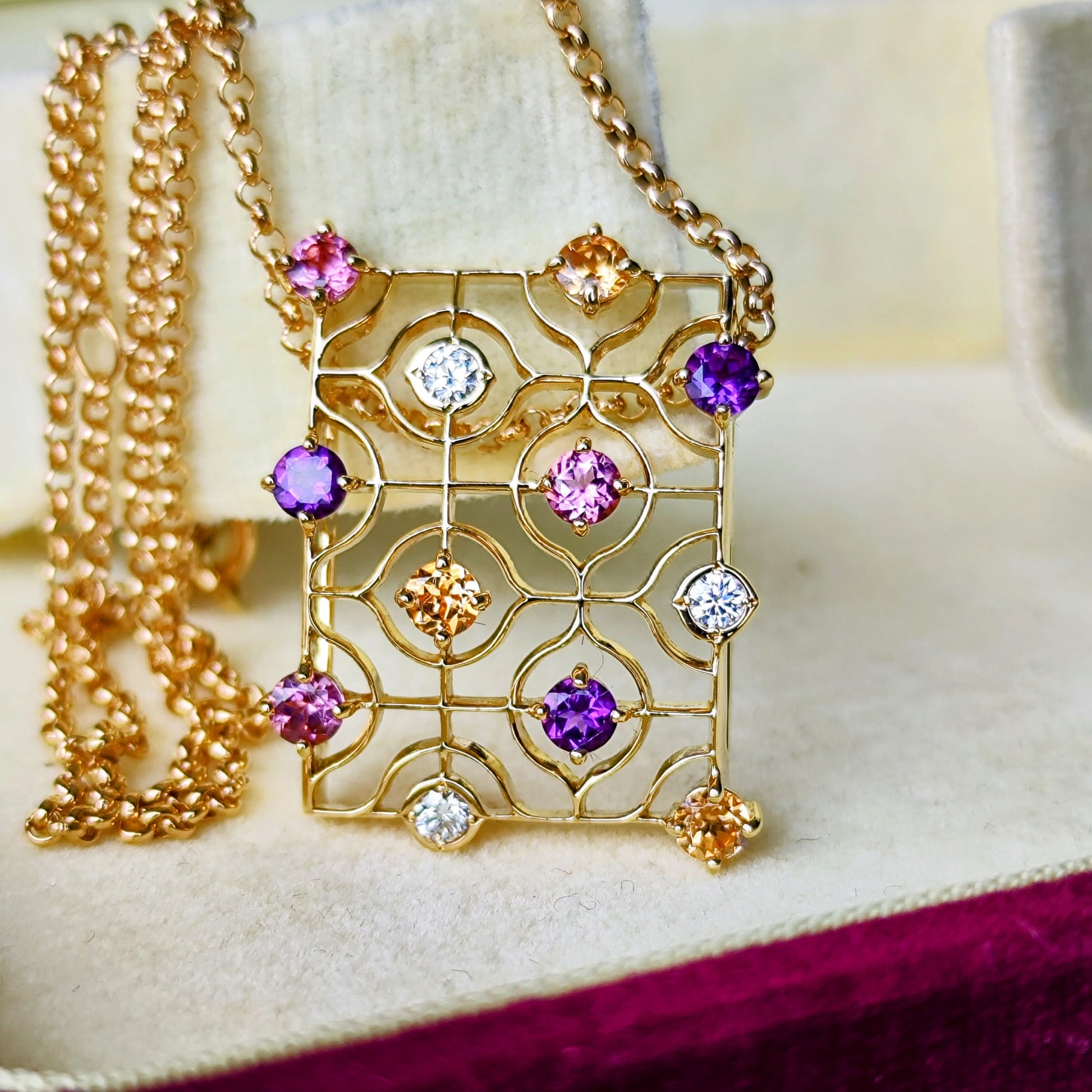 MIKIMOTO ミキモト 天然グロッシュラライトガーネット アメジスト トルマリン ダイヤモンド ネックレス