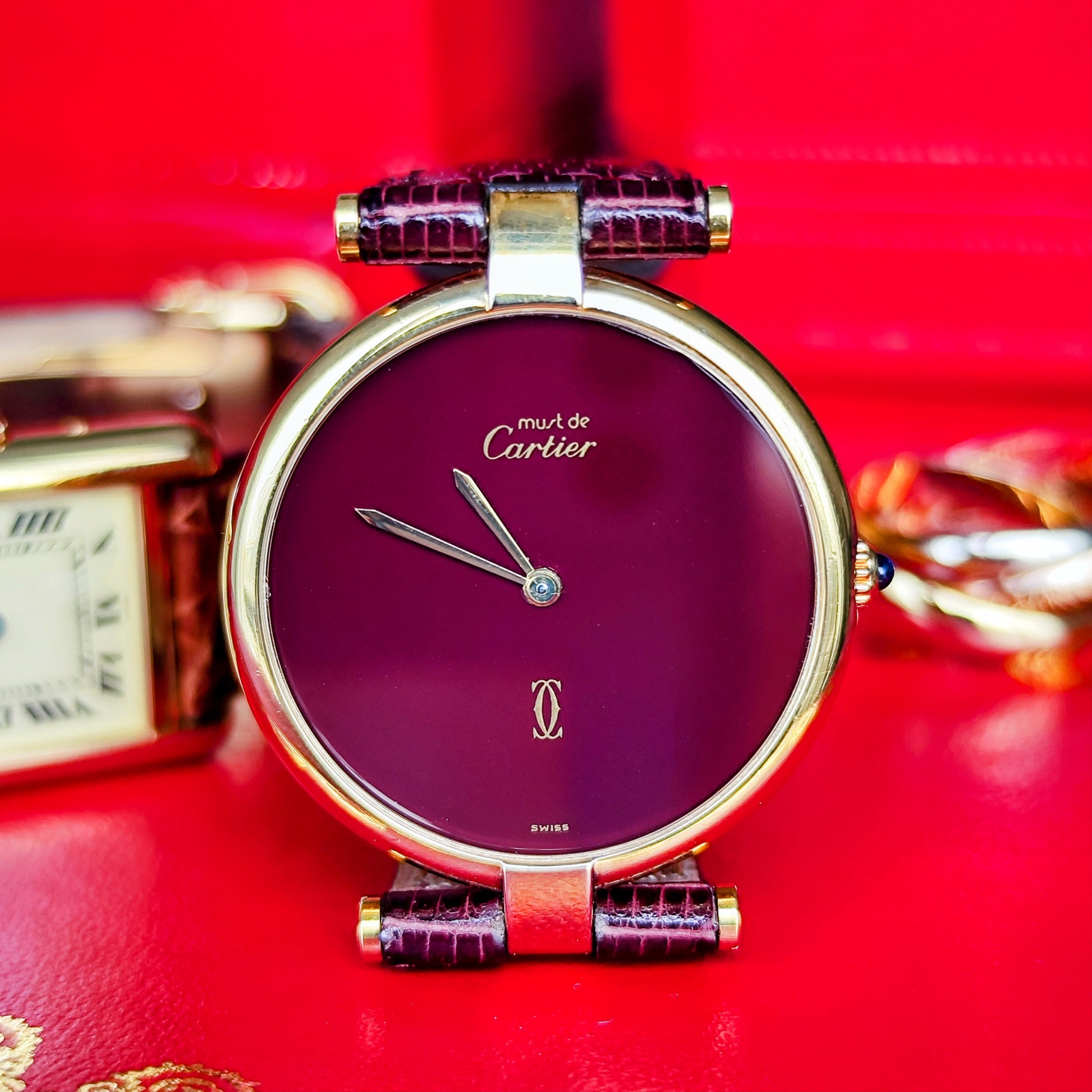【ボーイズサイズ】Cartierカルティエ ヴァンドーム LM ボルドー文字盤 クォーツ腕時計