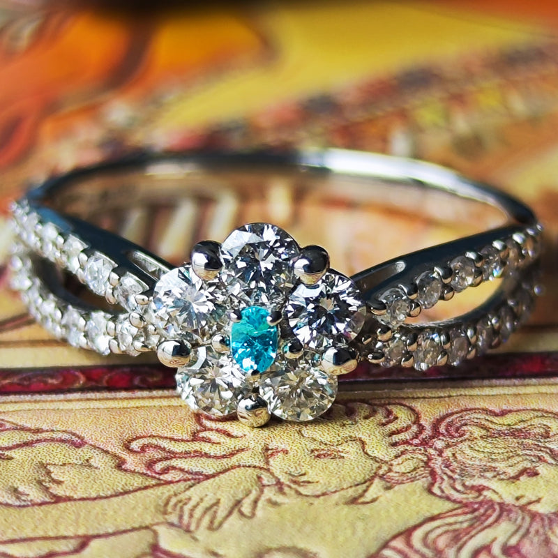 天然パライバトルマリン 天然ダイヤモンドフラワーモチーフ プラチナ