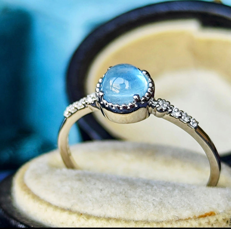 天然アクアマリンキャッツアイ 天然ダイヤモンド プラチナリング