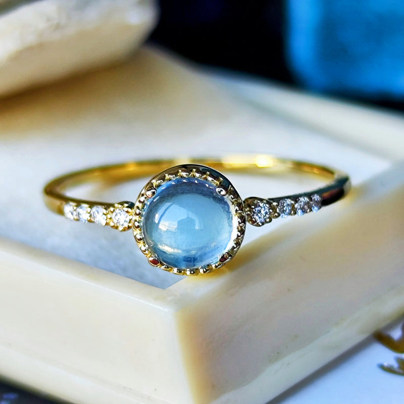 天然アクアマリンキャッツアイ 天然ダイヤモンド 18金リング