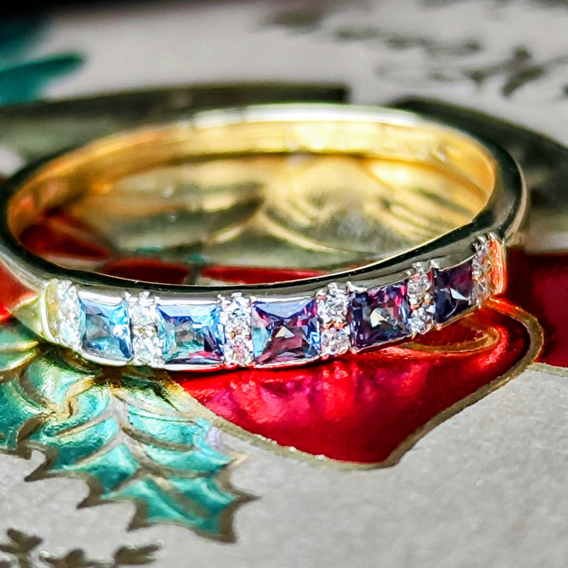 天然アレキサンドライト プリンセスカット 天然ダイヤモンド 18金リング