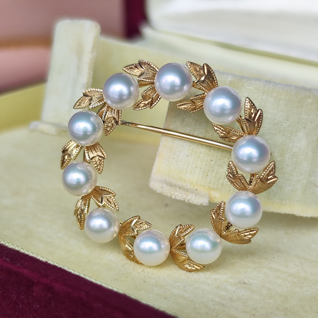 MIKIMOTO ミキモト あこや真珠 リースモチーフ ヴィンテージブローチ