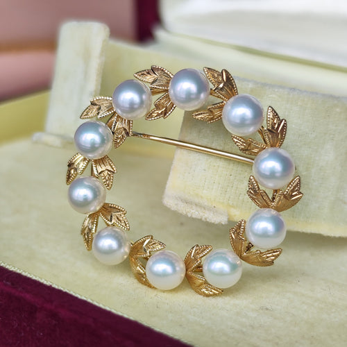 MIKIMOTO ミキモト あこや真珠 リースモチーフ ヴィンテージブローチ