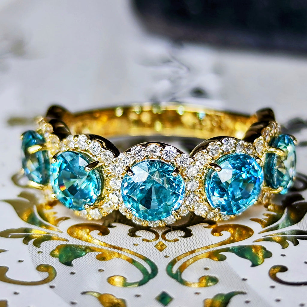 【5石】天然ブルージルコン 4.24ct 天然ダイヤモンド 18金リング