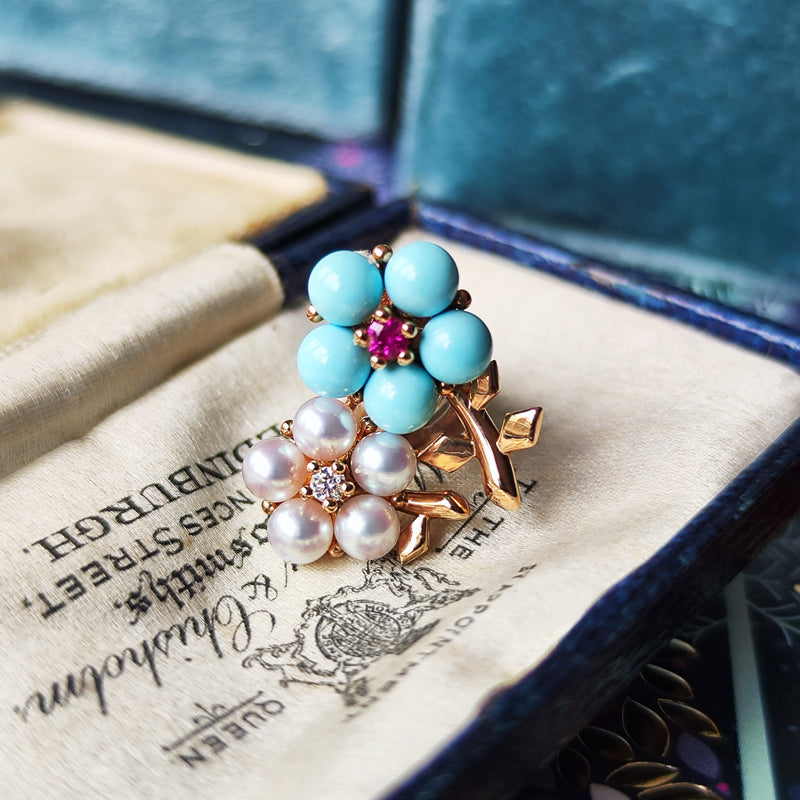 MIKIMOTO ミキモト あこや真珠 ダイヤモンド ターコイズ ルビー フラワーブローチ