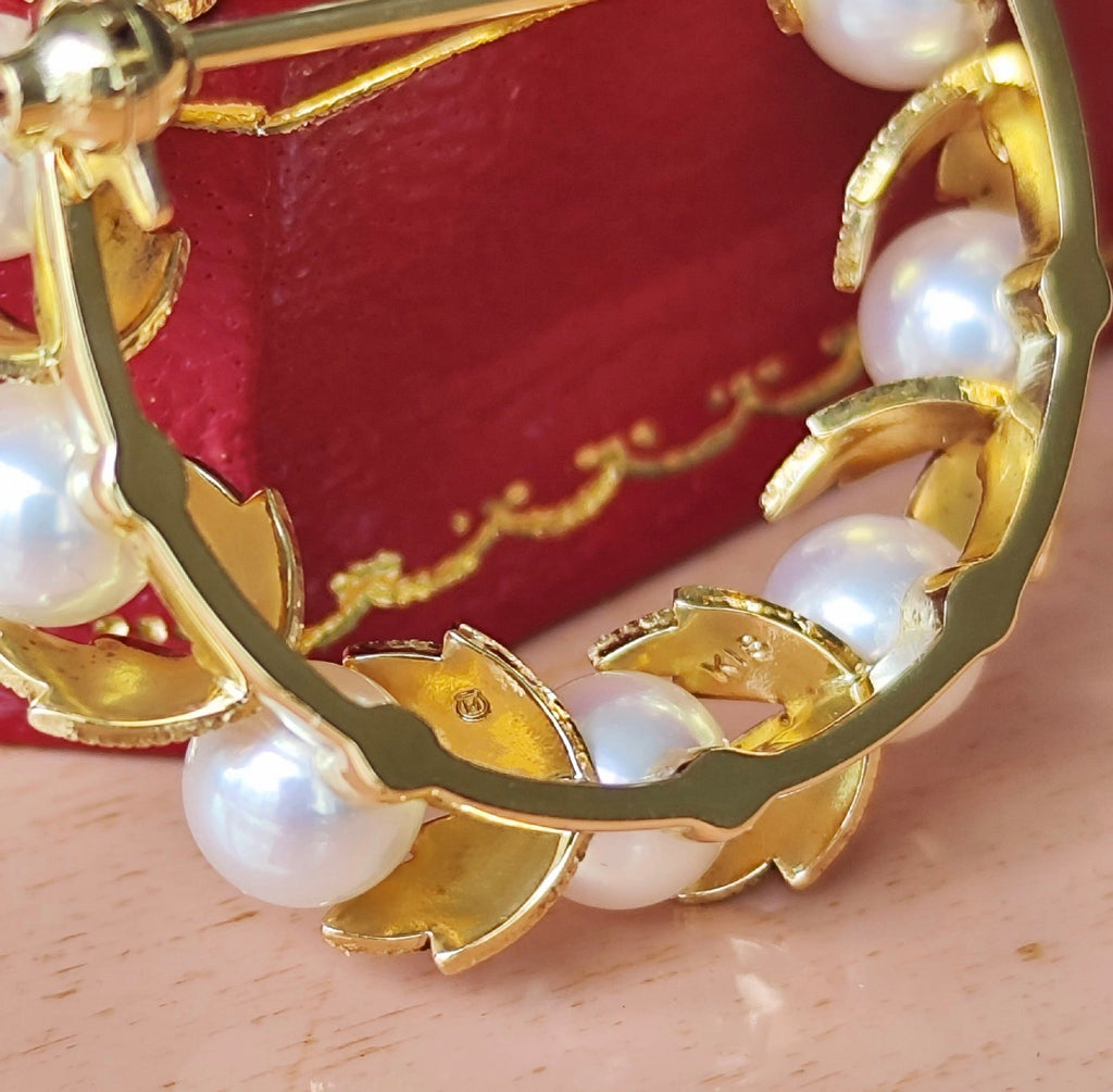 MIKIMOTO ミキモトあこや真珠 リースモチーフ ヴィンテージブローチ 18金