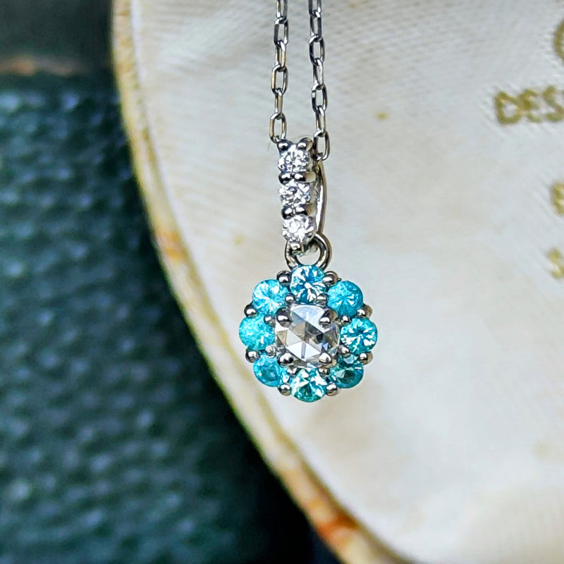 【ローズカット】天然ダイヤモンド 天然パライバトルマリン ネックレス