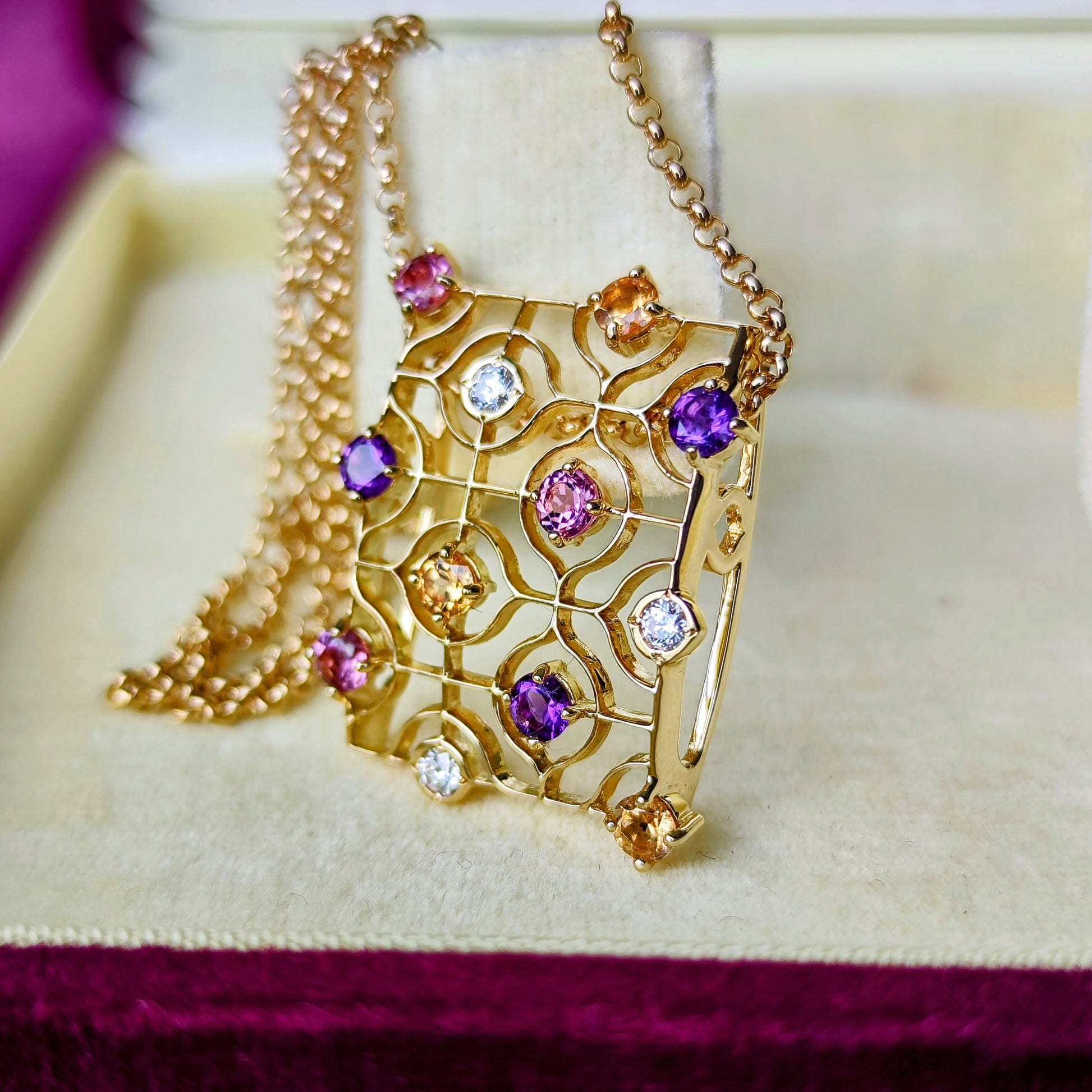 MIKIMOTO ミキモト 天然グロッシュラライトガーネット アメジスト トルマリン ダイヤモンド ネックレス