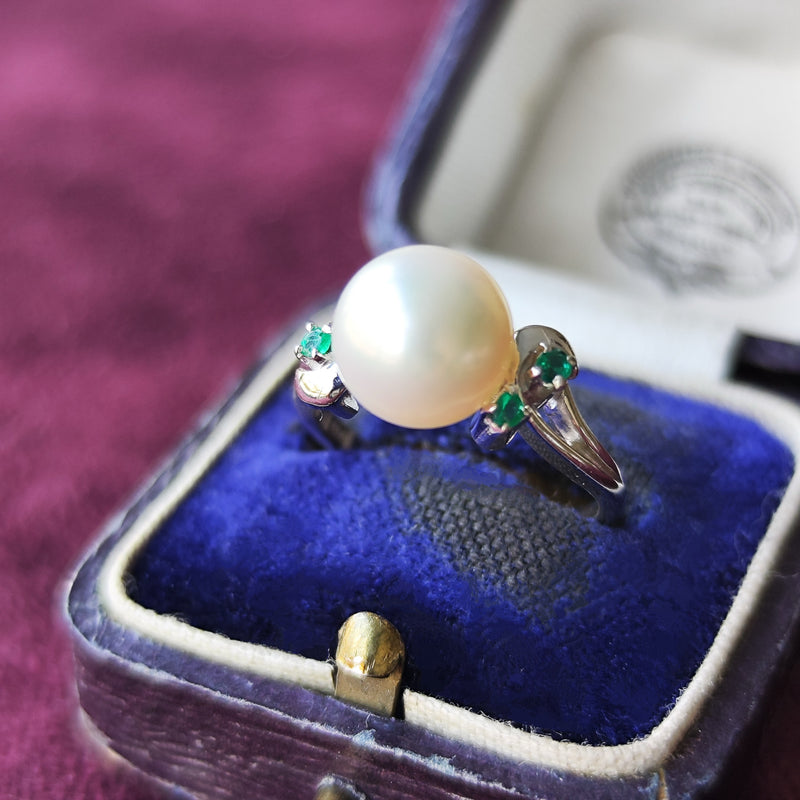 MIKIMOTO ミキモト あこや真珠 天然エメラルド 陽刻 ヴィンテージリング