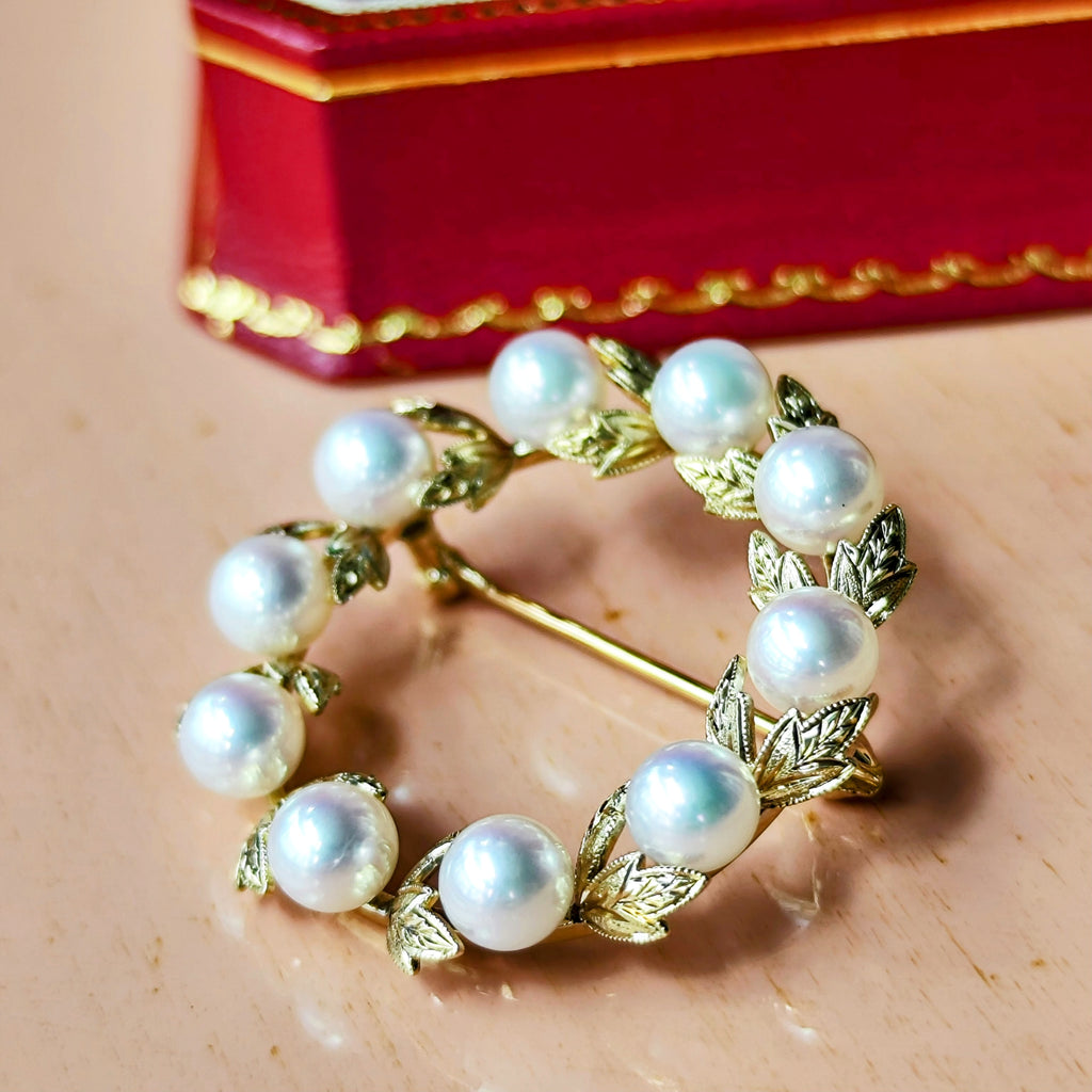 MIKIMOTO ミキモト リース型 月桂樹 ヴィンテージブローチ 14金