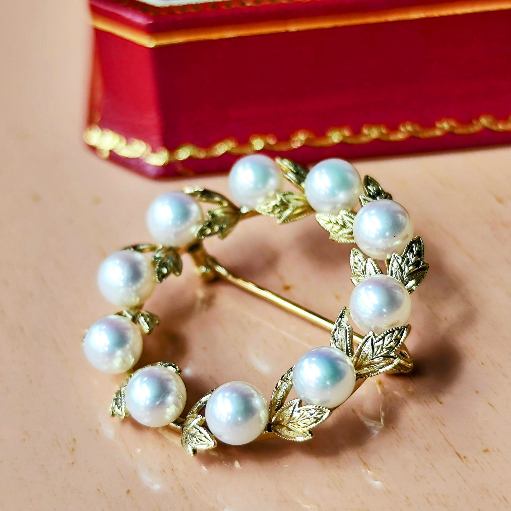 MIKIMOTO ミキモト リース型 月桂樹 ヴィンテージブローチ 14金