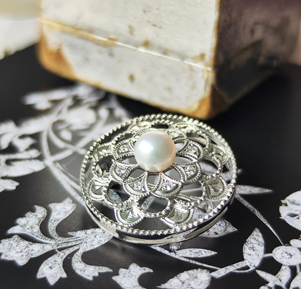 MIKIMOTO ミキモト あこや真珠 天然ダイヤモンド ブローチ兼ペンダントトップ  18金WG