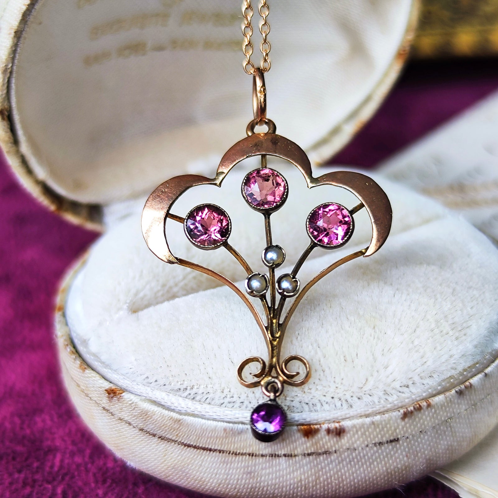 イギリス アンティーク ピンクトルマリン ガーネット シードパール