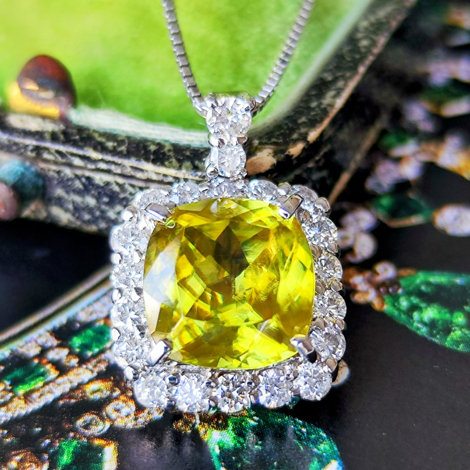 #2096 ♡ゴールドオブシディアン&フロスト水晶天然石♡マクラメネックレス 大粒 4.36ct】天然スフェーン 天然ダイヤモンド ネックレス