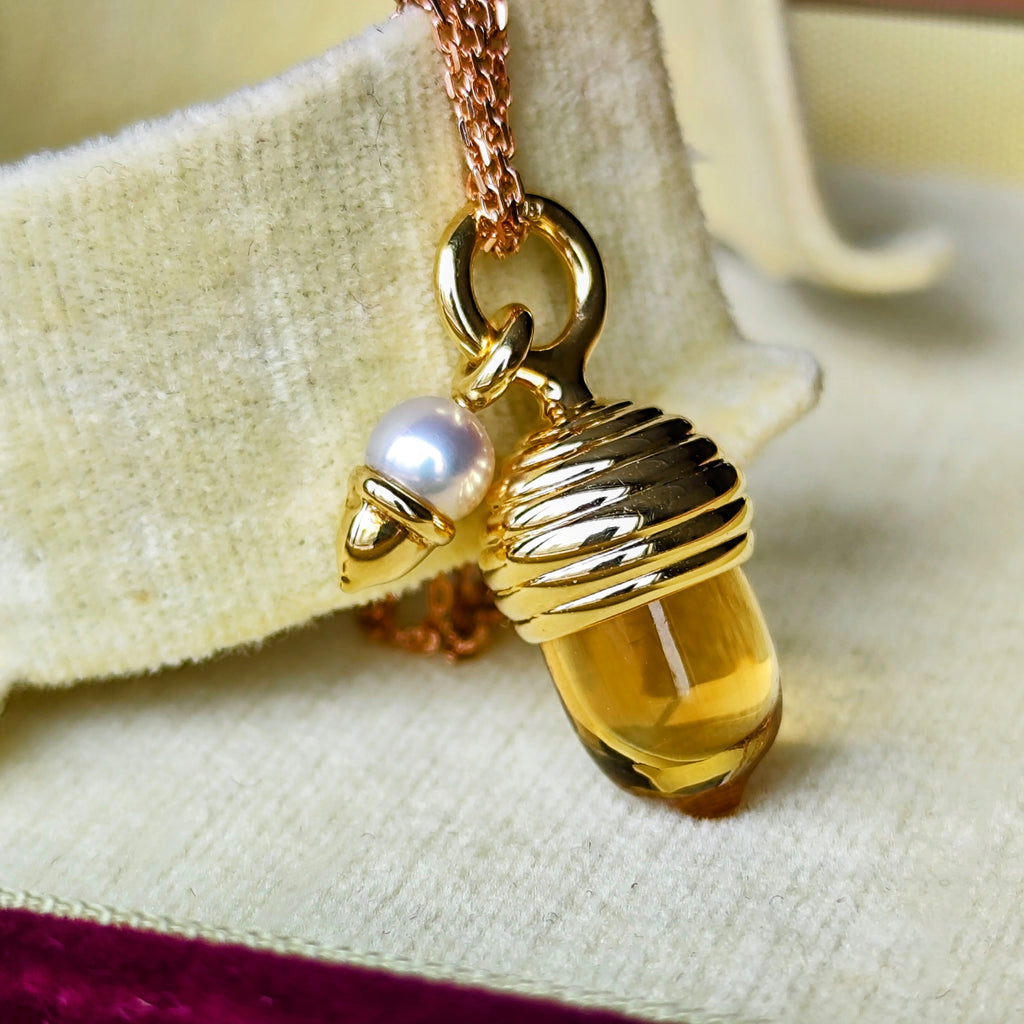 MIKIMOTO ミキモト どんぐりのモチーフ天然シトリン あこや真珠 ペンダントトップ