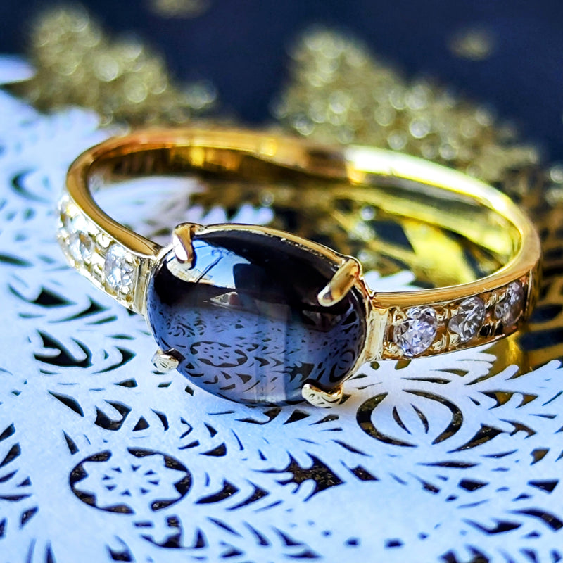 【魅惑の黒い宝石】天然ブラックスターサファイア 天然ダイヤモンド リング