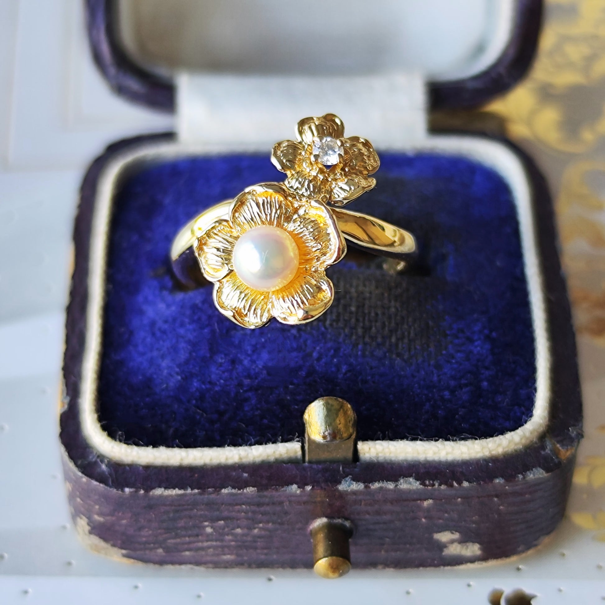 MIKIMOTO ミキモト フラワーリング 天然ダイヤモンド あこや真珠 18金