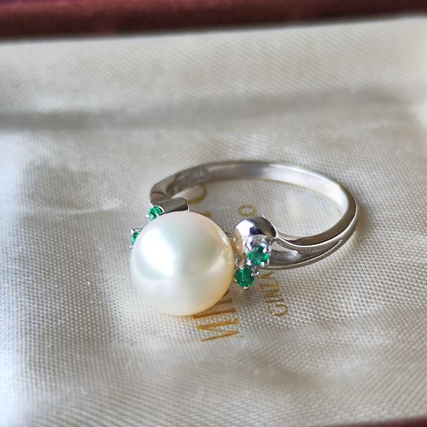 MIKIMOTO ミキモト あこや真珠 天然エメラルド 陽刻 ヴィンテージリング