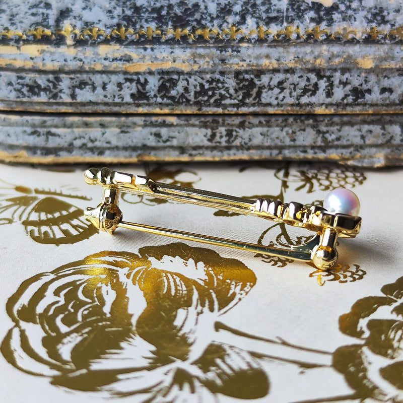 MIKIMOTO ミキモト 鍵と羽のモチーフ あこや真珠 18金 ブローチ