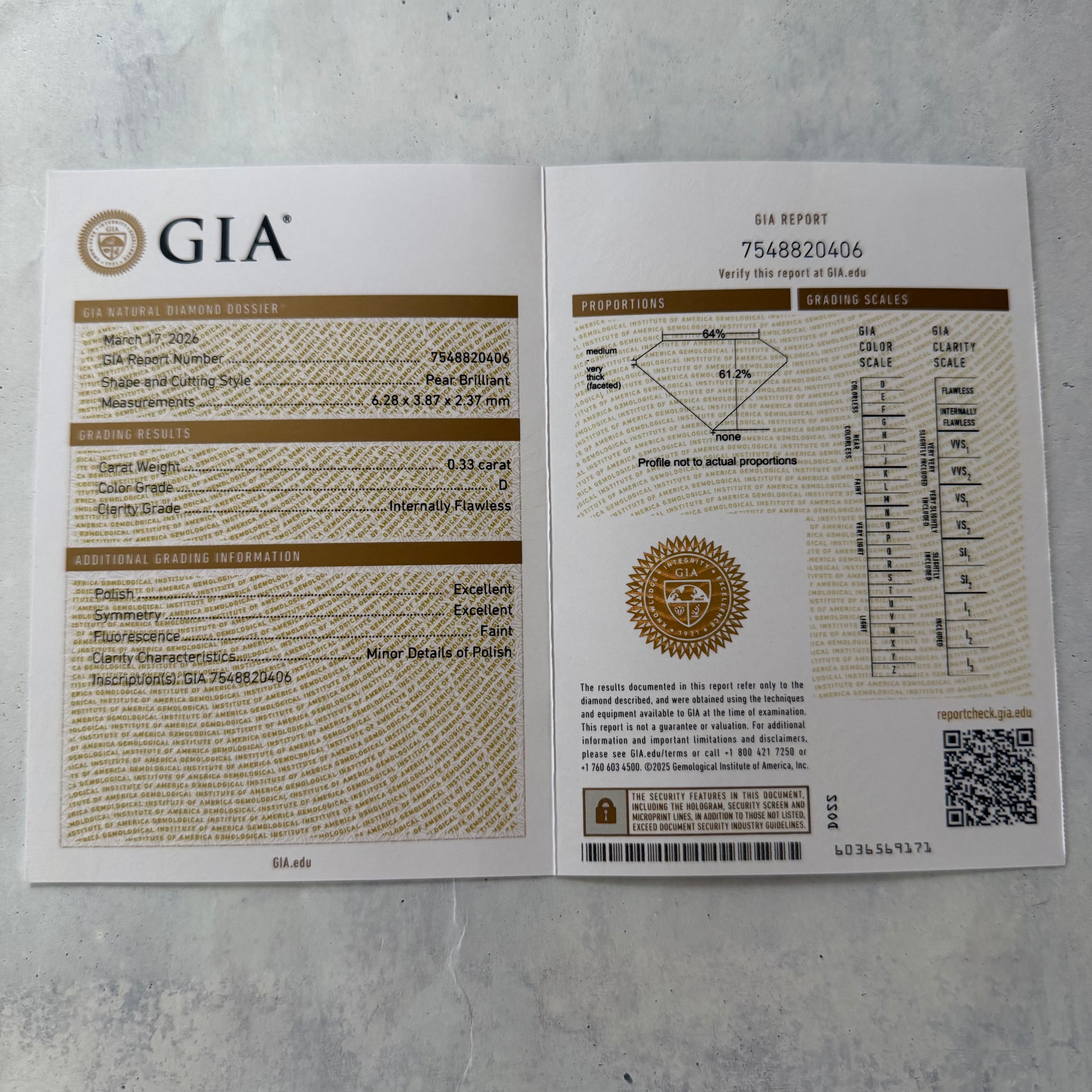 【インターナリーフローレス】天然ダイヤモンド 0.33ct プラチナ GIA