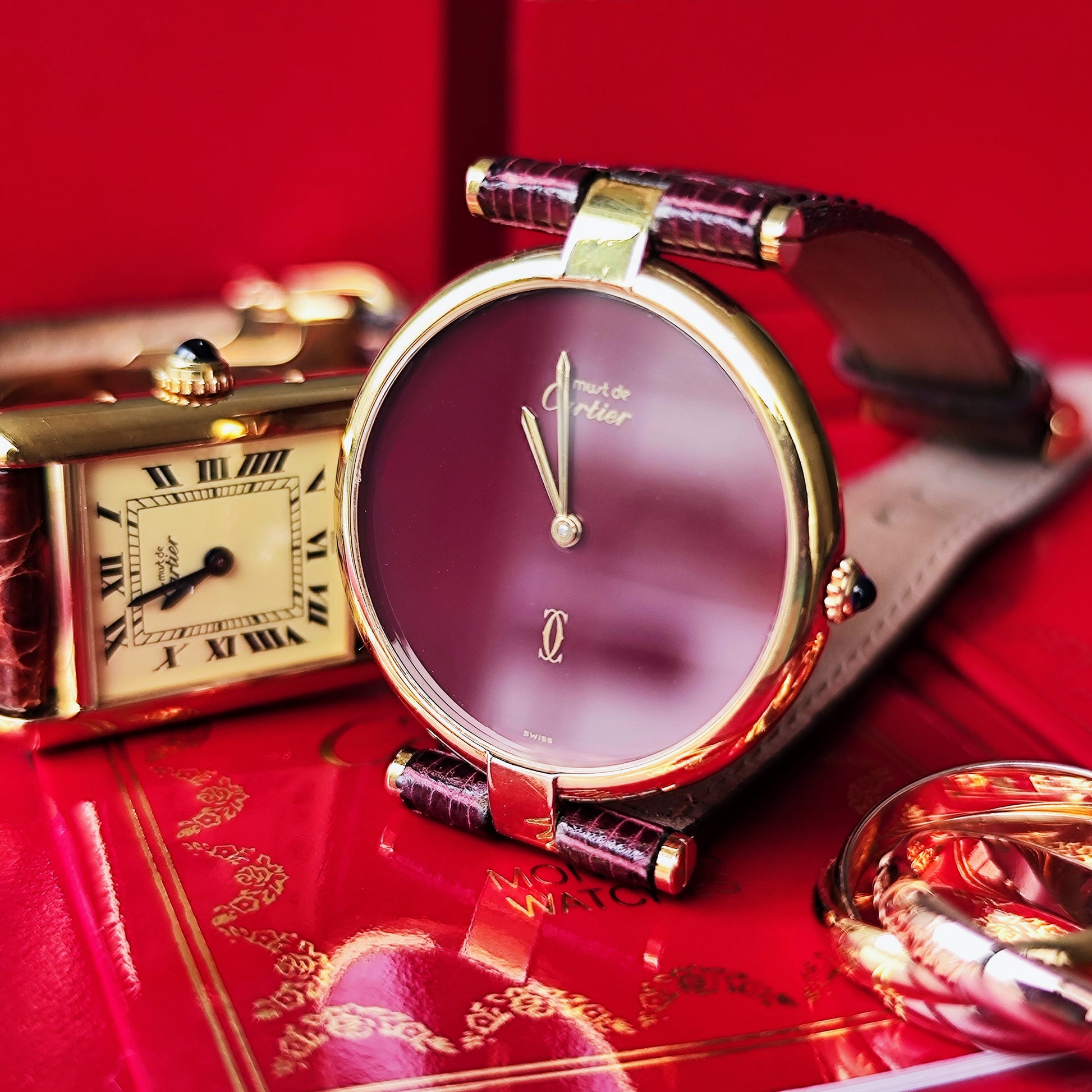 【ボーイズサイズ】Cartierカルティエ ヴァンドーム LM ボルドー文字盤 クォーツ腕時計