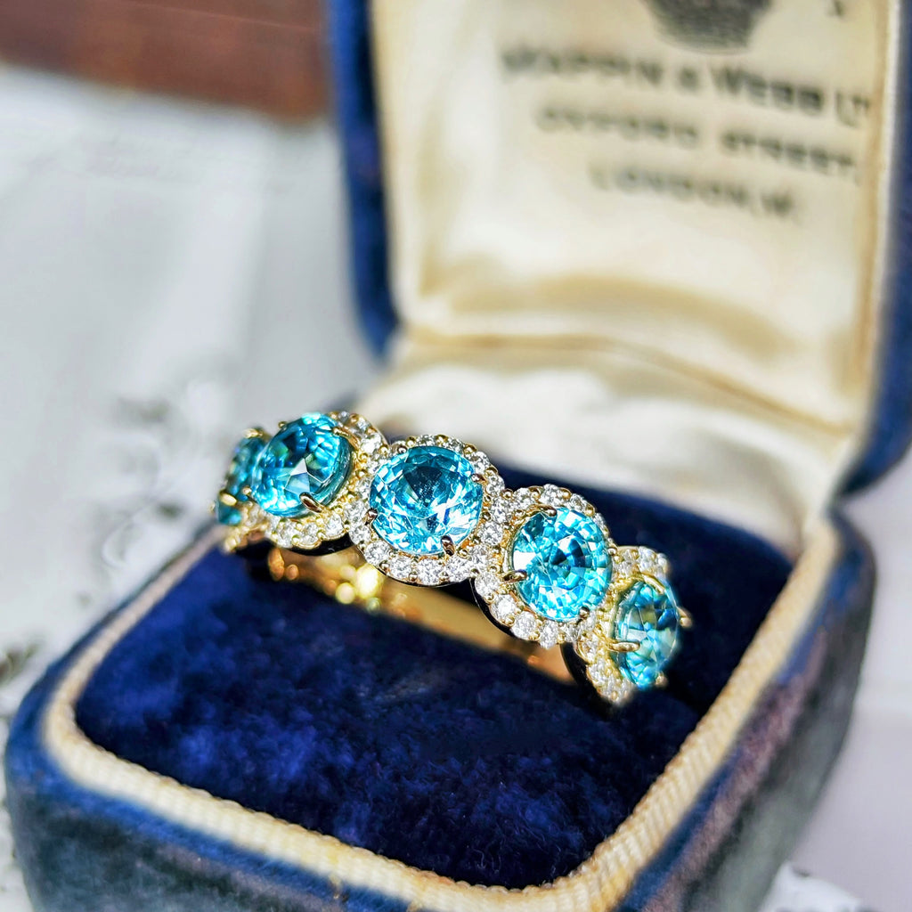 【5石】天然ブルージルコン 4.24ct 天然ダイヤモンド 18金リング