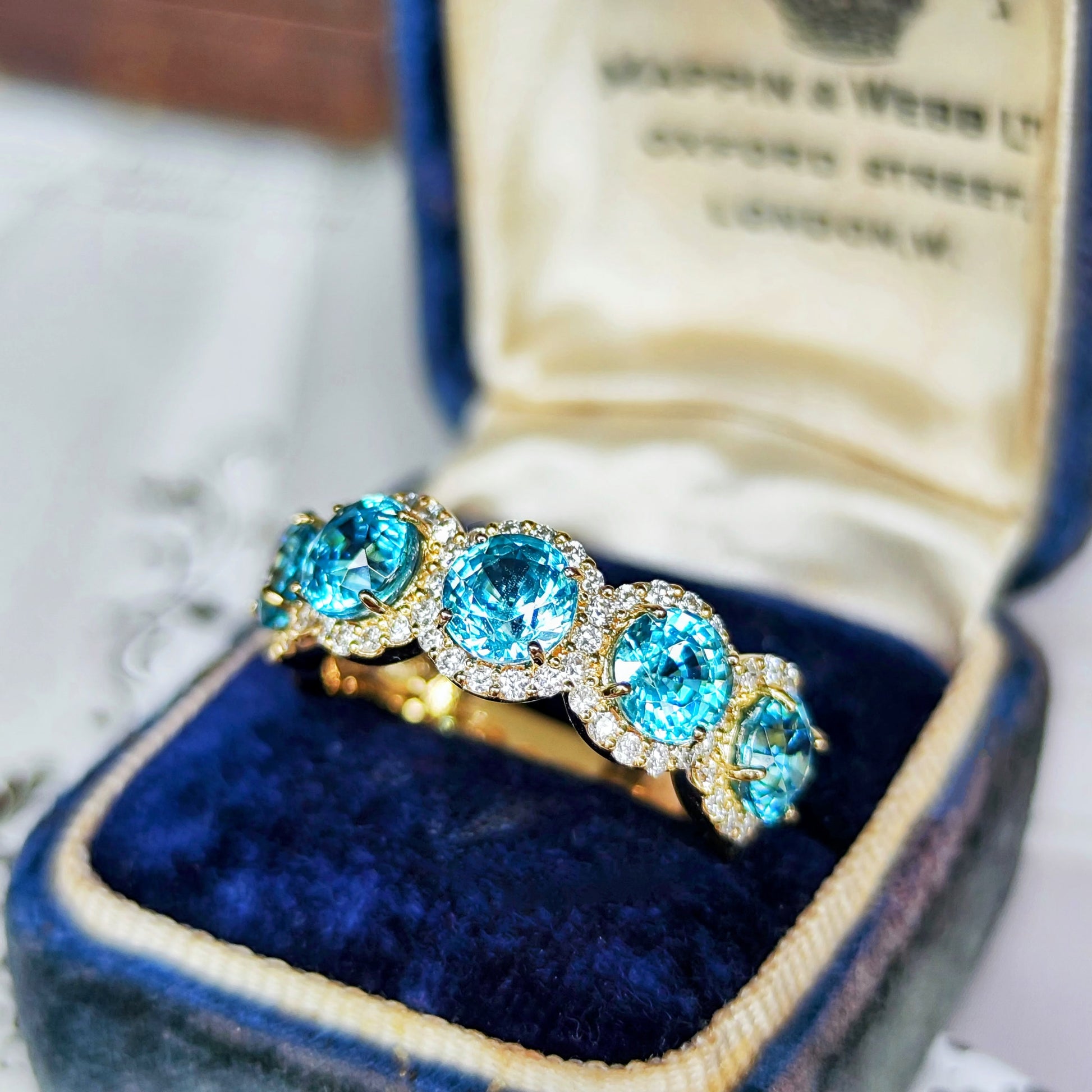 【5石】天然ブルージルコン 4.24ct 天然ダイヤモンド 18金リング