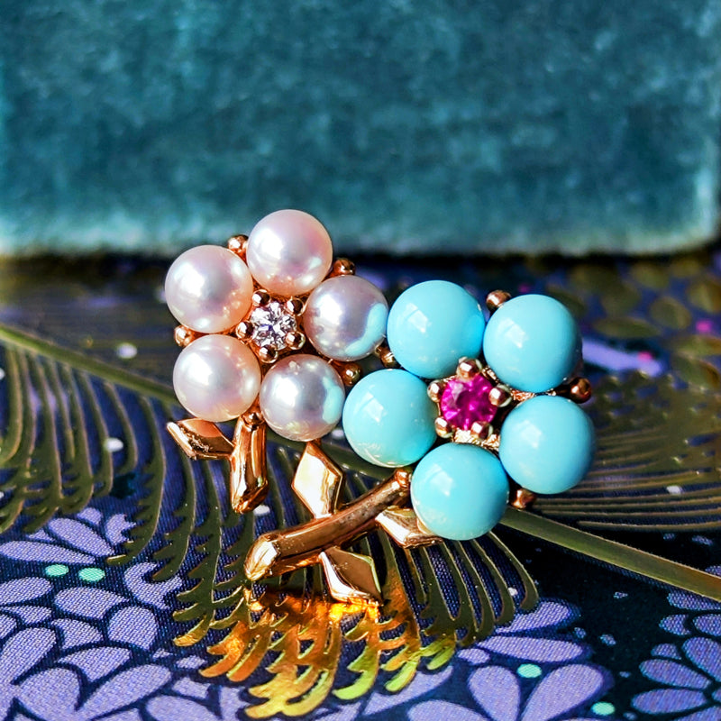 MIKIMOTO ミキモト あこや真珠 ダイヤモンド ターコイズ ルビー フラワーブローチ