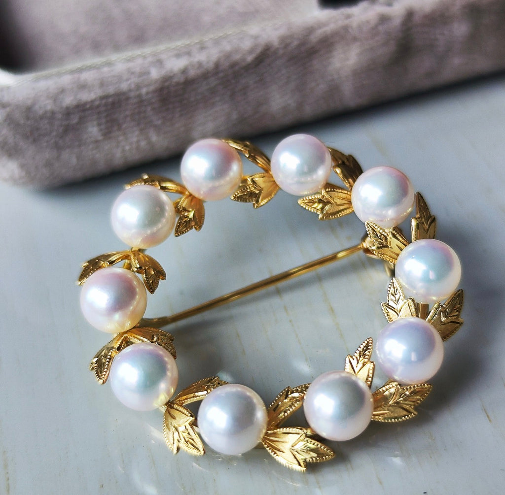 MIKIMOTO ミキモトあこや真珠 リースモチーフ ヴィンテージブローチ 18金