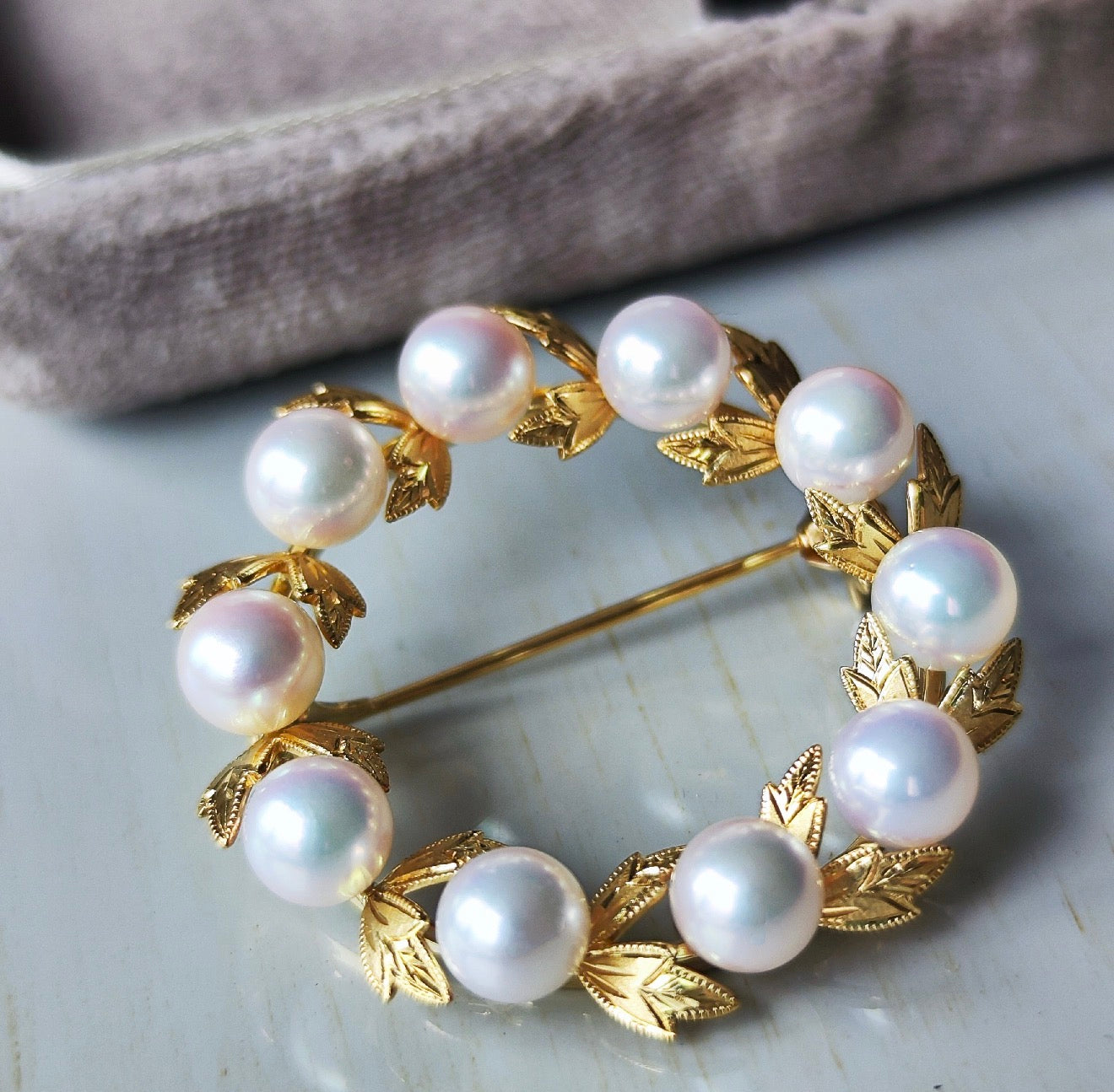 MIKIMOTO ミキモトあこや真珠 リースモチーフ ヴィンテージブローチ 18金