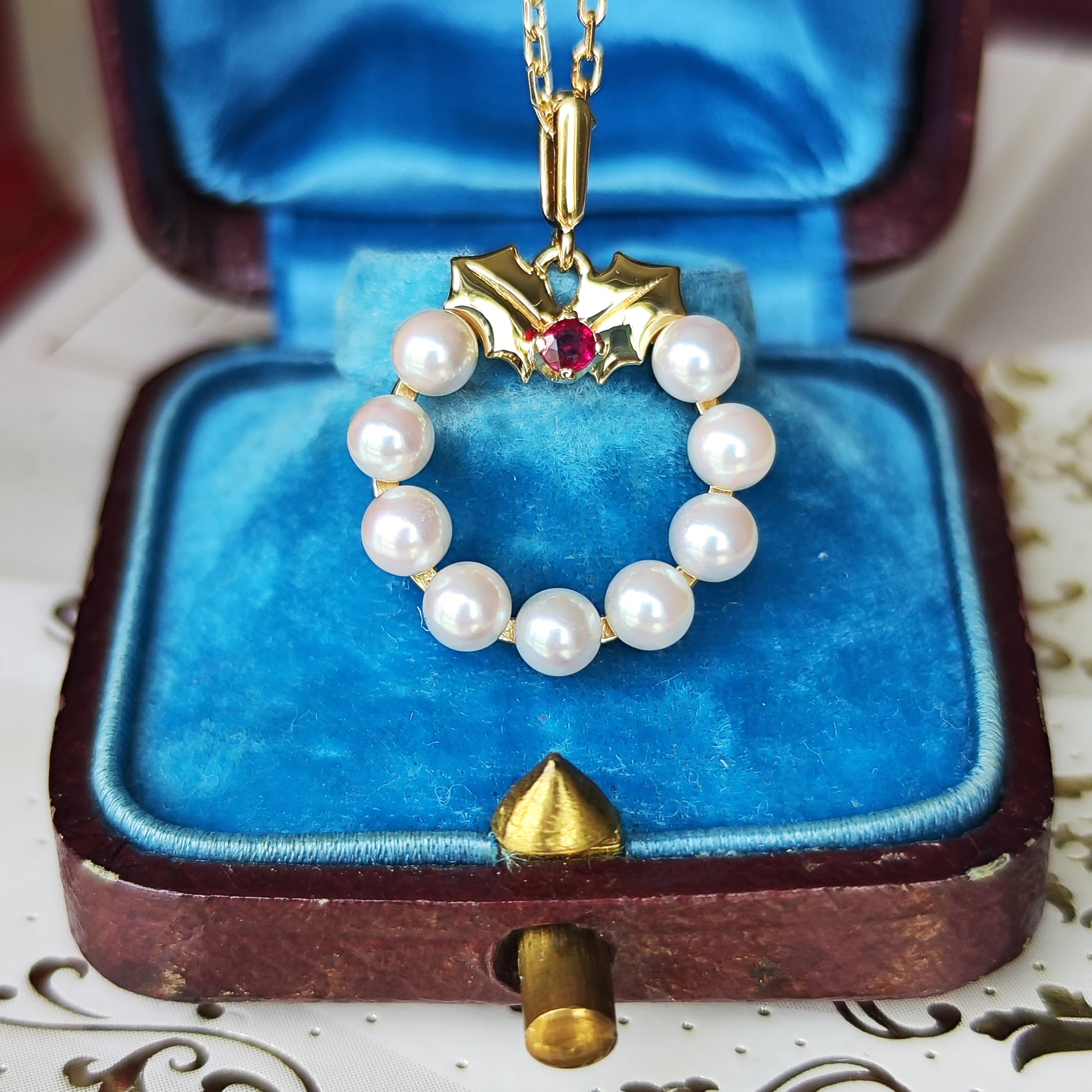 MIKIMOTO ミキモト リースモチーフ 天然ルビー あこや真珠 ネックレス