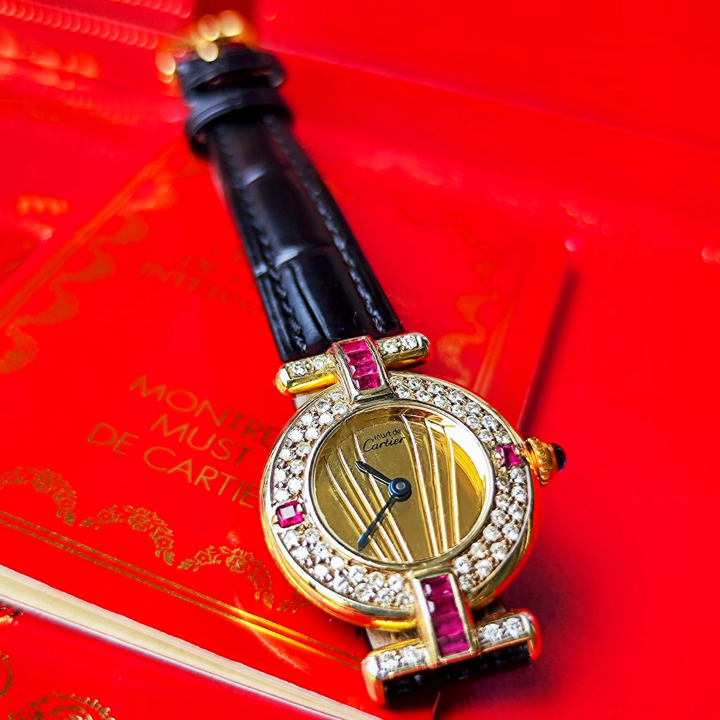 Cartier カルティエ マストコリゼ ダイヤモンド&ルビー ベゼル クォーツ腕時計