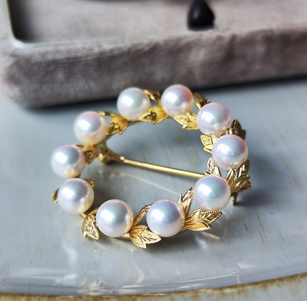 MIKIMOTO ミキモトあこや真珠 リースモチーフ ヴィンテージブローチ 18金