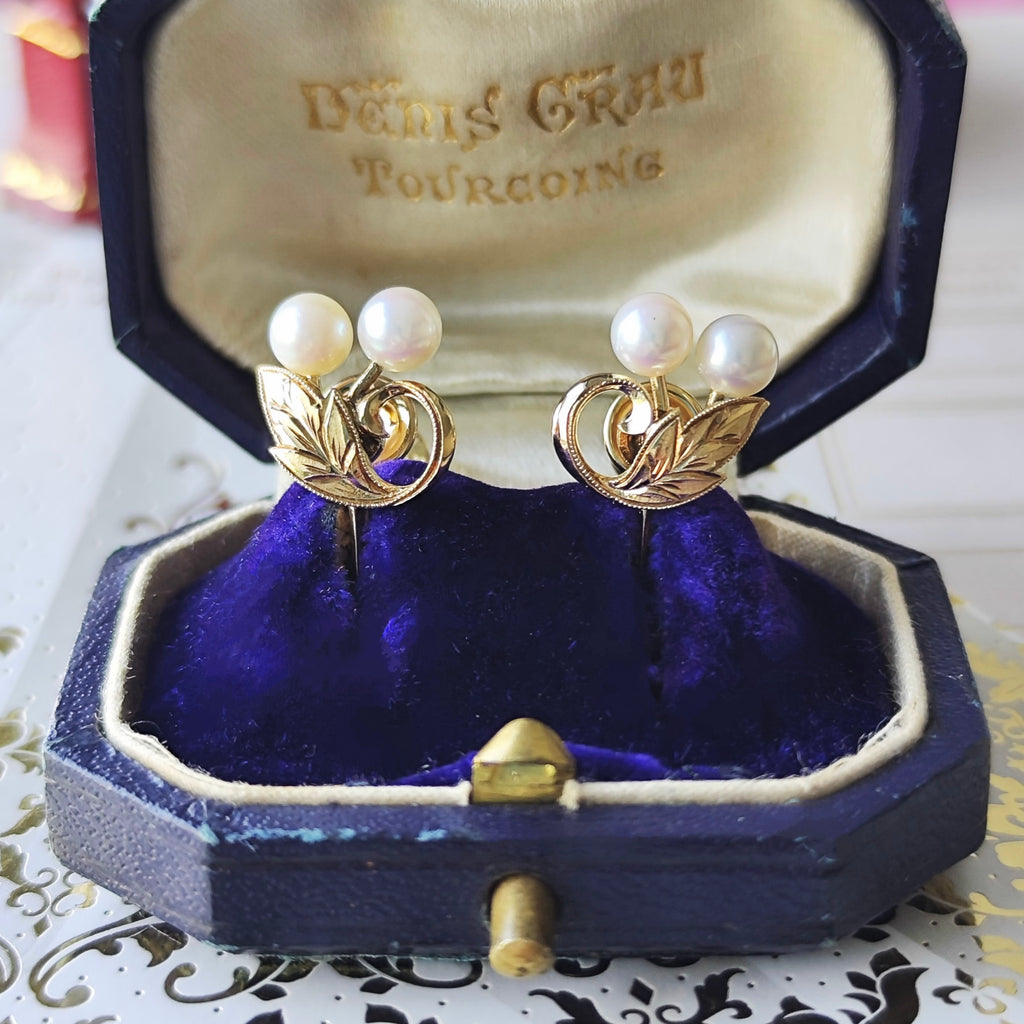 MIKIMOTO ミキモト あこや真珠 和彫り ヴィンテージイヤリング