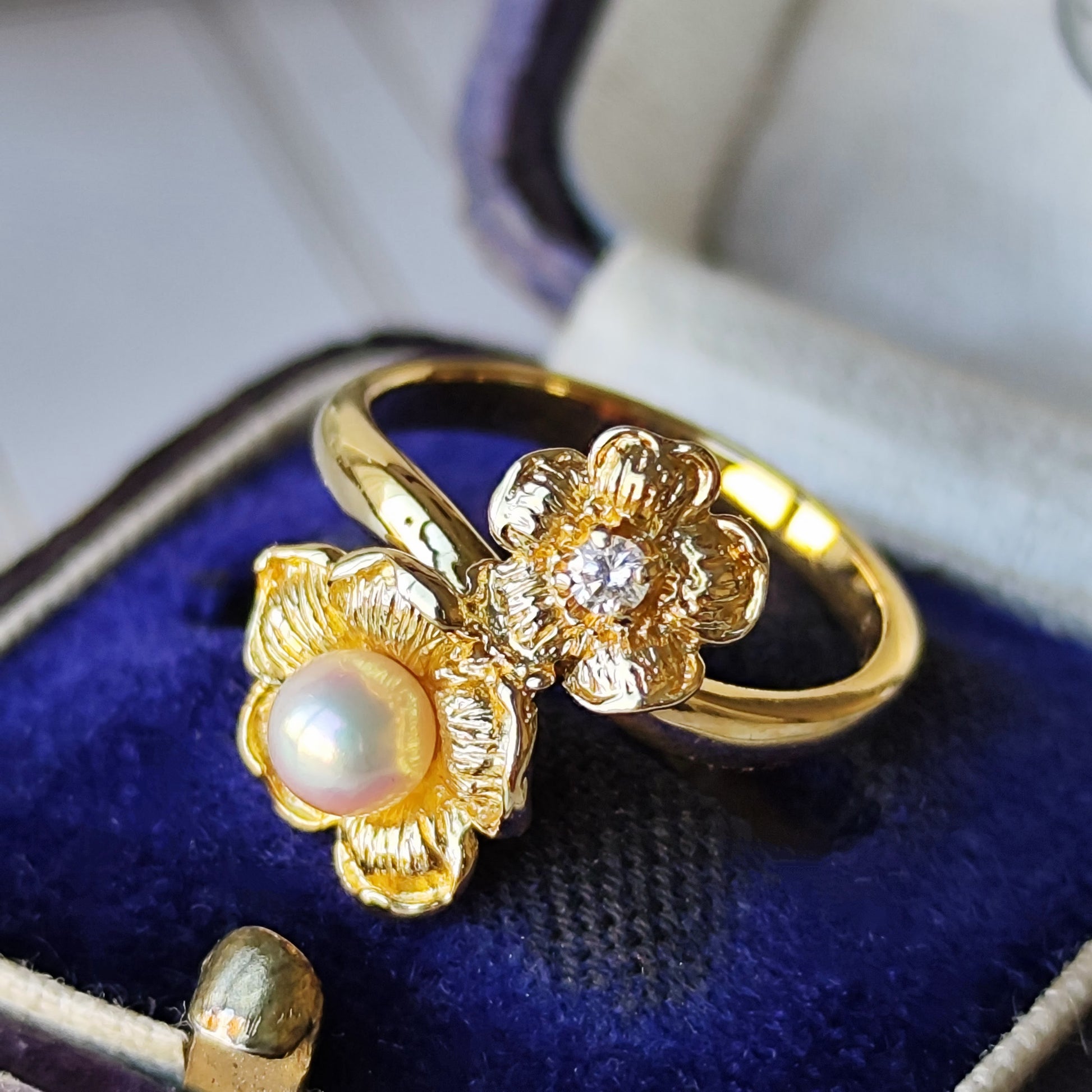 MIKIMOTO ミキモト フラワーリング 天然ダイヤモンド あこや真珠 18金