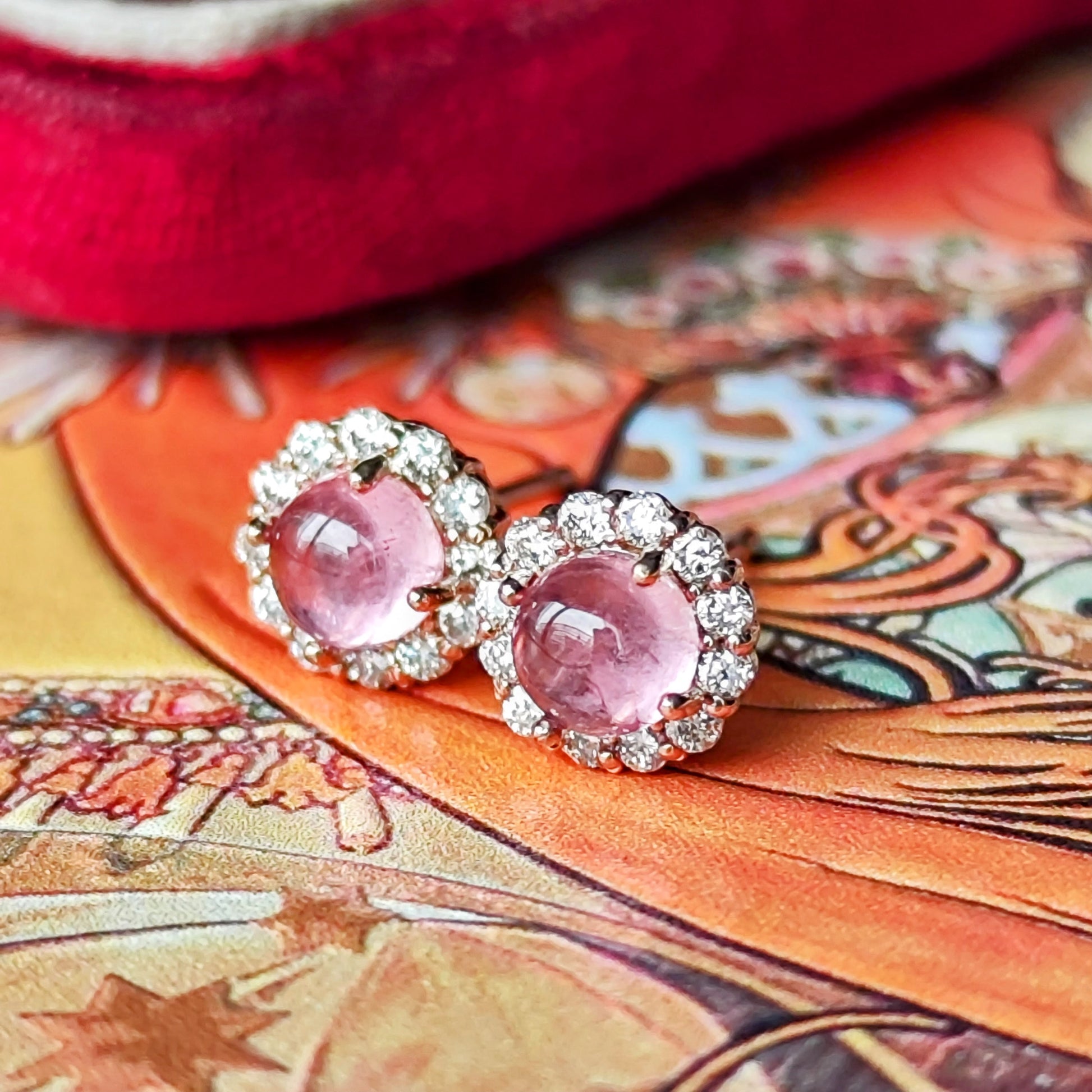 天然ロードクロサイト 天然ダイヤモンド 18金ピアス